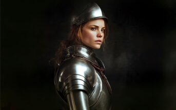 A young woman with auburn hair wears shining medieval armor and a metal helmet, gazing confidently to the side against a dark background.