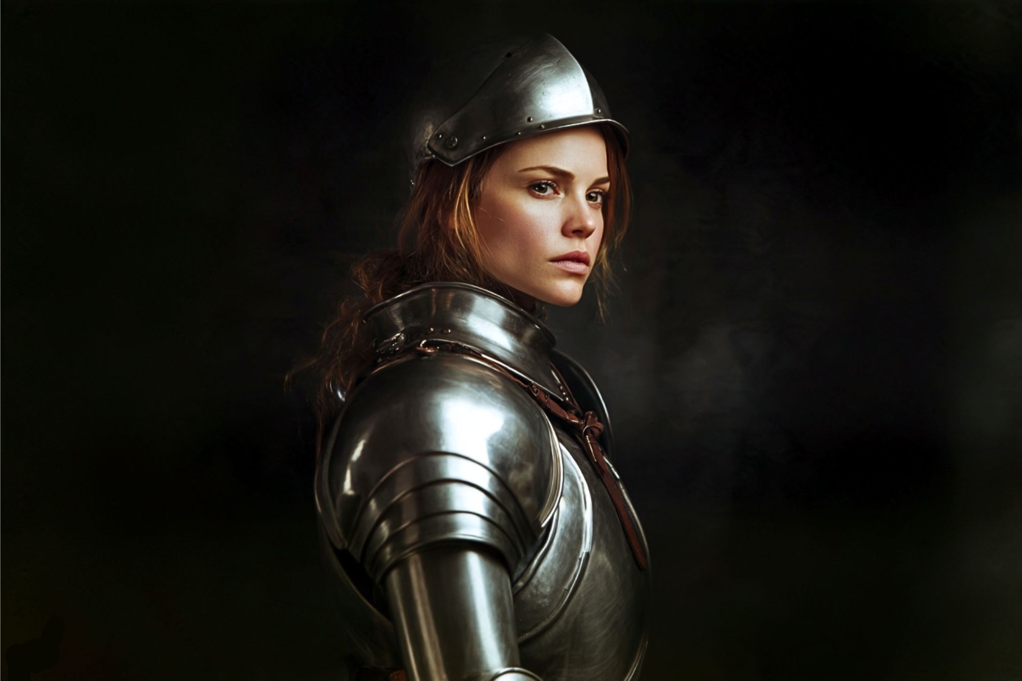 A young woman with auburn hair wears shining medieval armor and a metal helmet, gazing confidently to the side against a dark background.