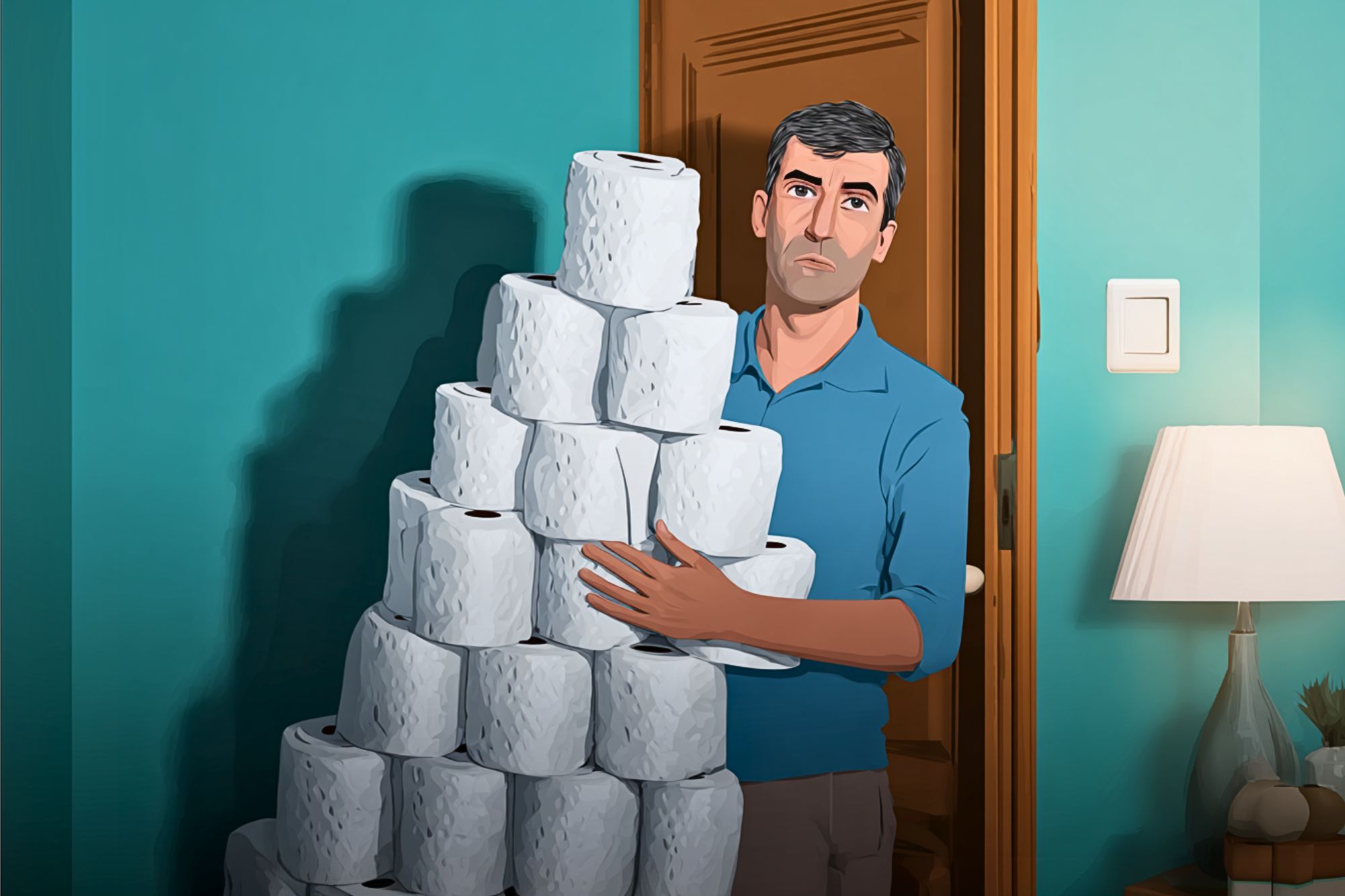 A man stands in a doorway holding a large, uneven stack of toilet paper rolls. The room has teal walls, a lamp, and a wooden door.