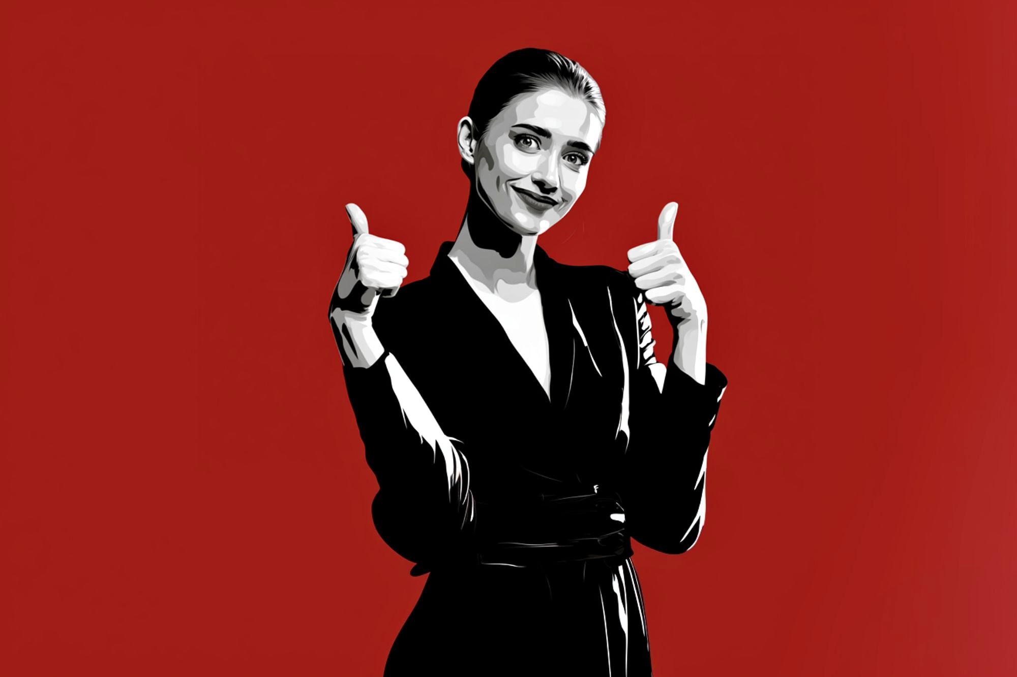 A black and white illustration of a woman in a suit giving two thumbs up, smiling confidently, set against a solid red background.