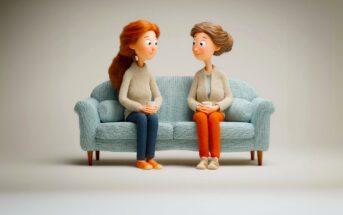 Two animated women sit on a light blue couch, facing each other and smiling, each holding a cup. They wear casual sweaters and pants, and the background is plain and neutral.