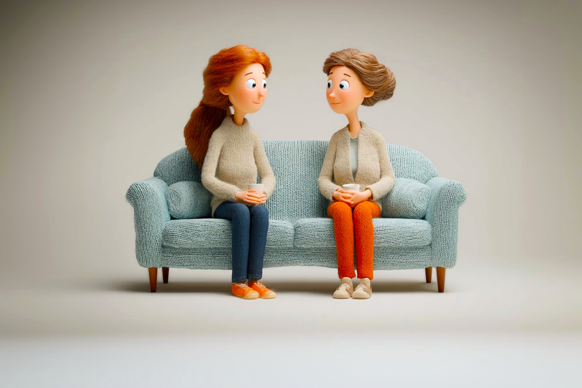Two animated women sit on a light blue couch, facing each other and smiling, each holding a cup. They wear casual sweaters and pants, and the background is plain and neutral.