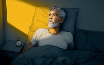 A man with gray hair and a beard lies in bed, looking thoughtfully at sunlight streaming through a window. An alarm clock sits on the bedside table. The room is mostly dark except for the bright morning light.