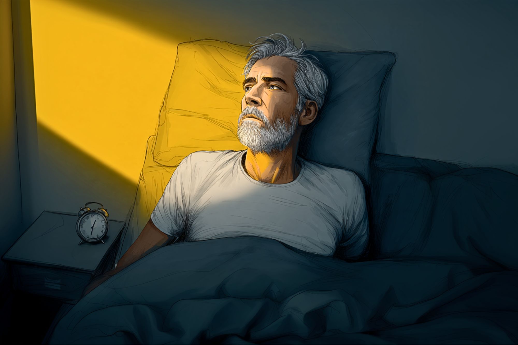 A man with gray hair and a beard lies in bed, looking thoughtfully at sunlight streaming through a window. An alarm clock sits on the bedside table. The room is mostly dark except for the bright morning light.