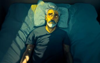 An older man with gray hair and a beard lies awake in bed at night, looking up thoughtfully. Soft yellow light from a window illuminates part of his face and pillow, contrasting with the dark, blue-toned room.