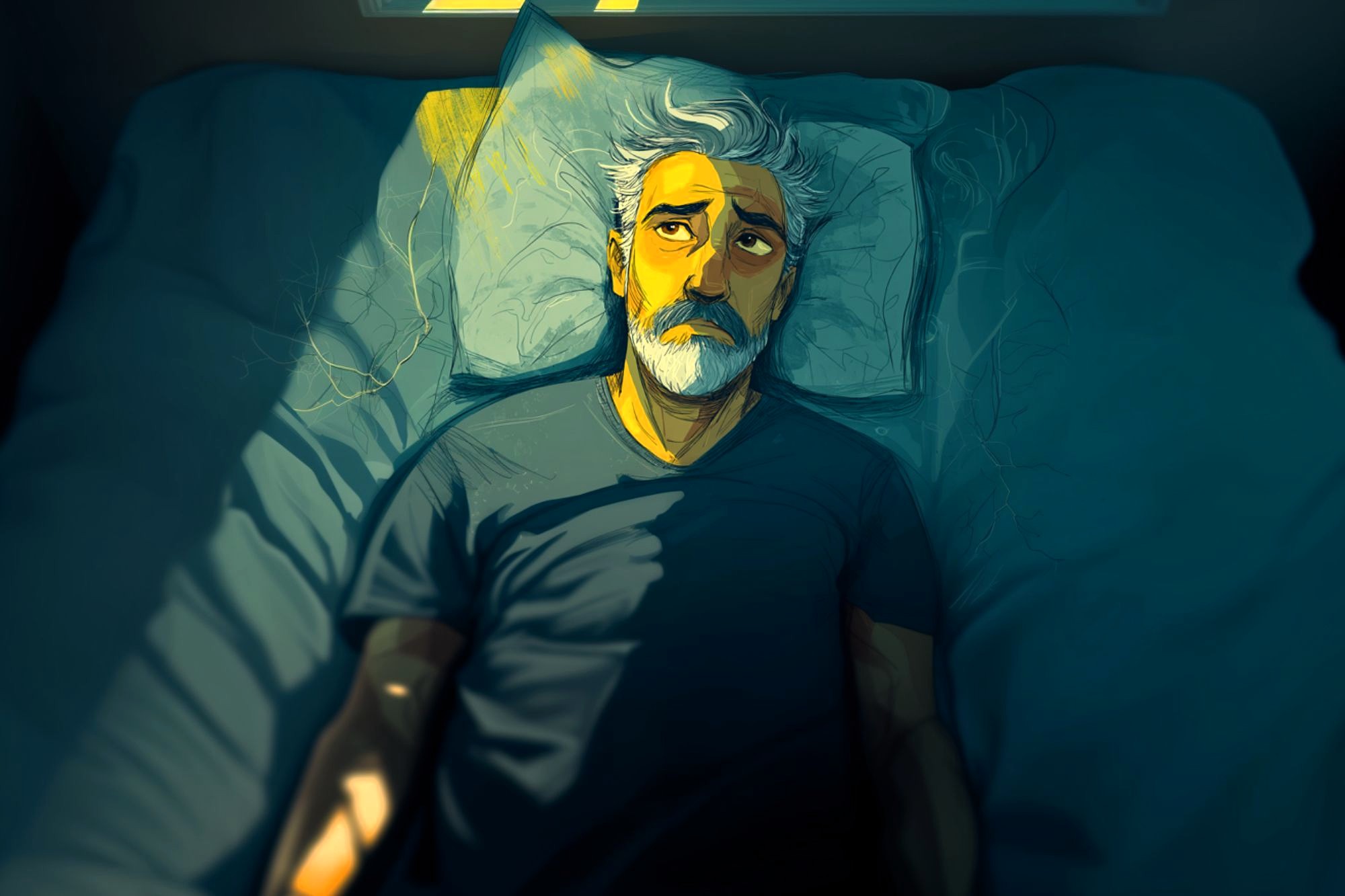 An older man with gray hair and a beard lies awake in bed at night, looking up thoughtfully. Soft yellow light from a window illuminates part of his face and pillow, contrasting with the dark, blue-toned room.