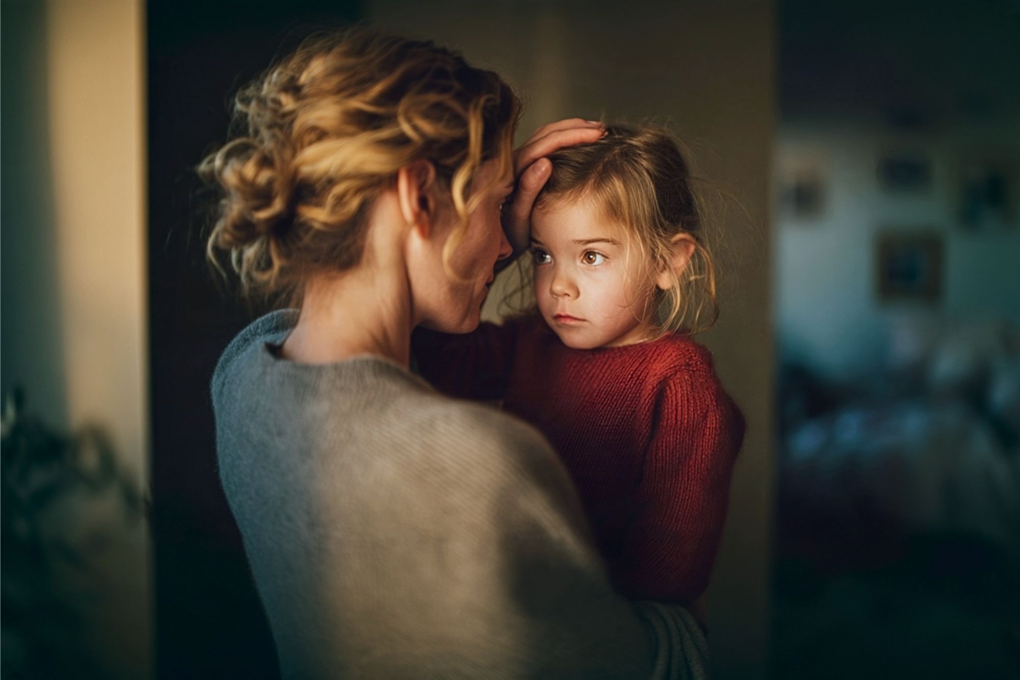 A woman with curly hair gently holds and comforts a young girl in a red sweater, placing her hand on the child’s head. The scene is softly lit and intimate, conveying warmth and care.