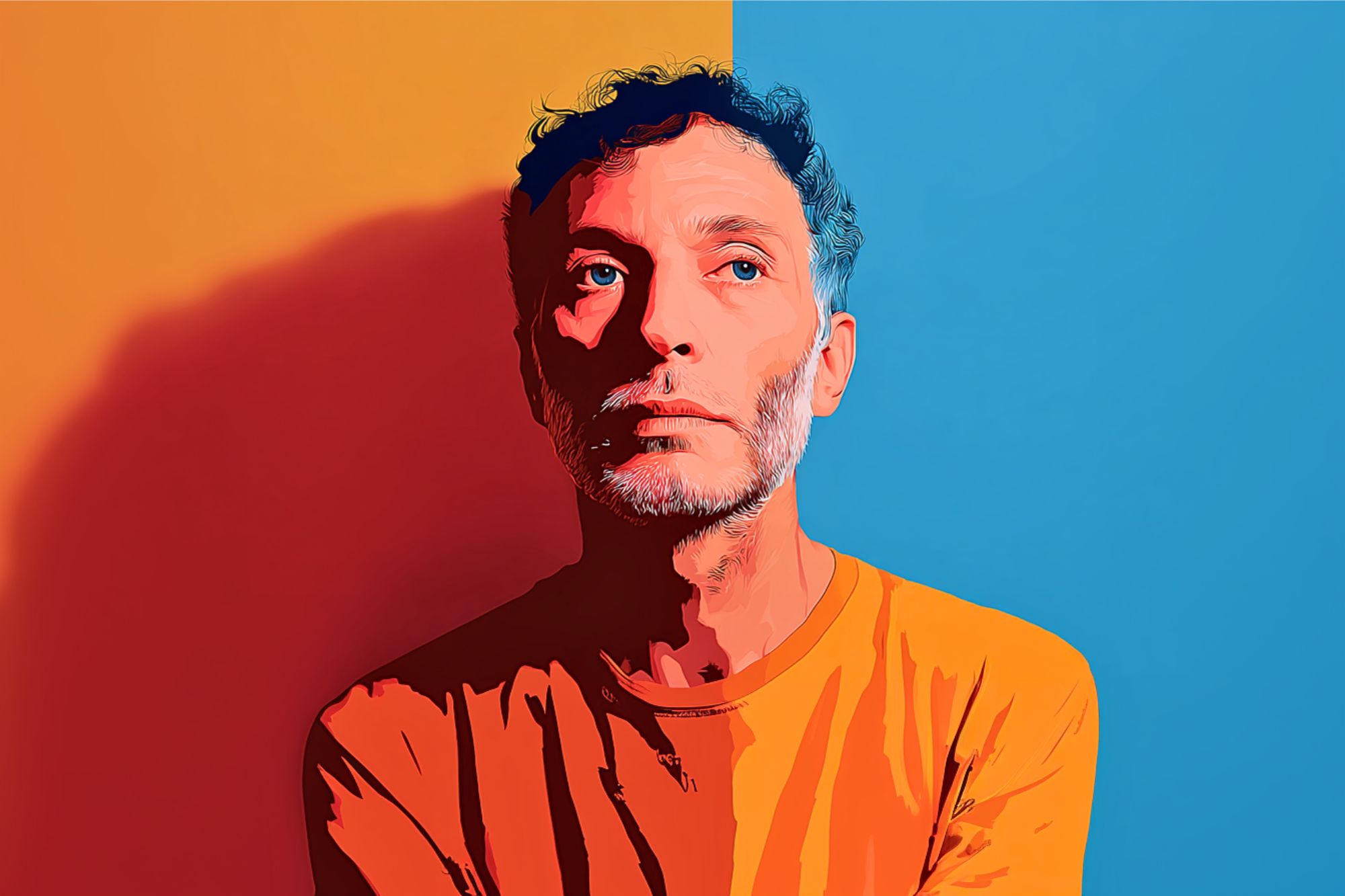 A man with curly hair and a beard, wearing an orange shirt, stands against a background split vertically into orange and blue halves, looking pensively to the side. The image has a stylized, digital illustration effect.