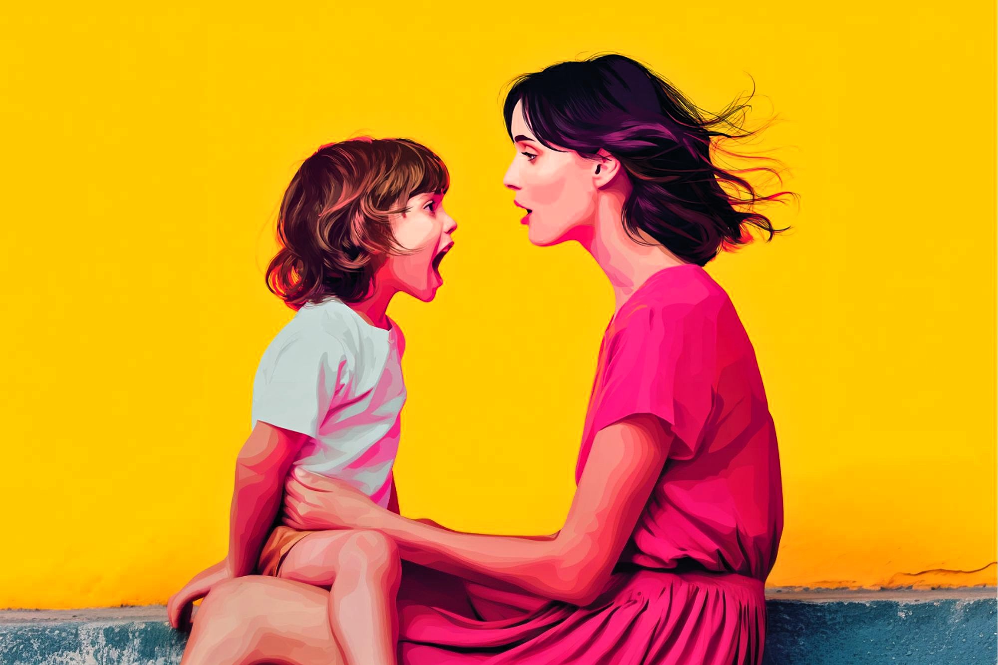 A woman in a pink dress sits facing a young child in a white shirt. Both have open mouths as if talking or singing. The background is bright yellow, creating a cheerful and vibrant scene.
