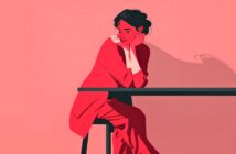 Illustration of a woman with dark hair sitting at a table, resting her chin on her hand and gazing to the side. The image uses shades of red and pink, creating a minimalistic and contemplative mood.