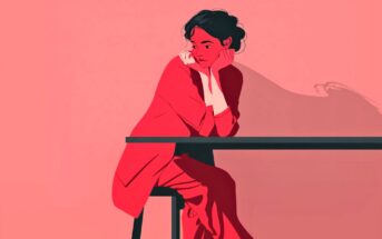 Illustration of a woman with dark hair sitting at a table, resting her chin on her hand and gazing to the side. The image uses shades of red and pink, creating a minimalistic and contemplative mood.