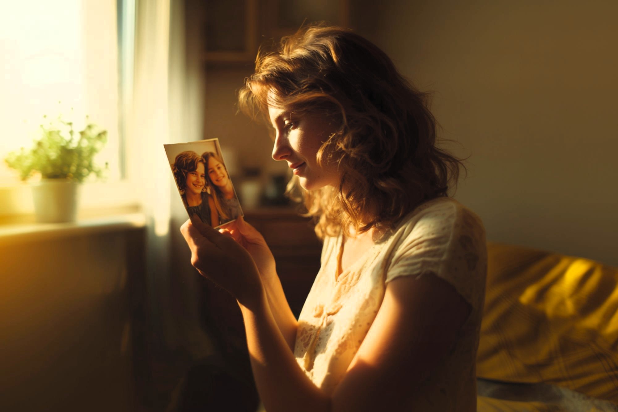 A woman smiles softly as she looks at a photograph of two young girls, bathed in warm, golden light.