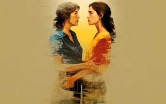 A digital painting of two women facing each other, one older with gray hair and a blue shirt, the other younger with brown hair in a ponytail and a yellow shirt. They stand closely, holding each other's arms against a beige background.