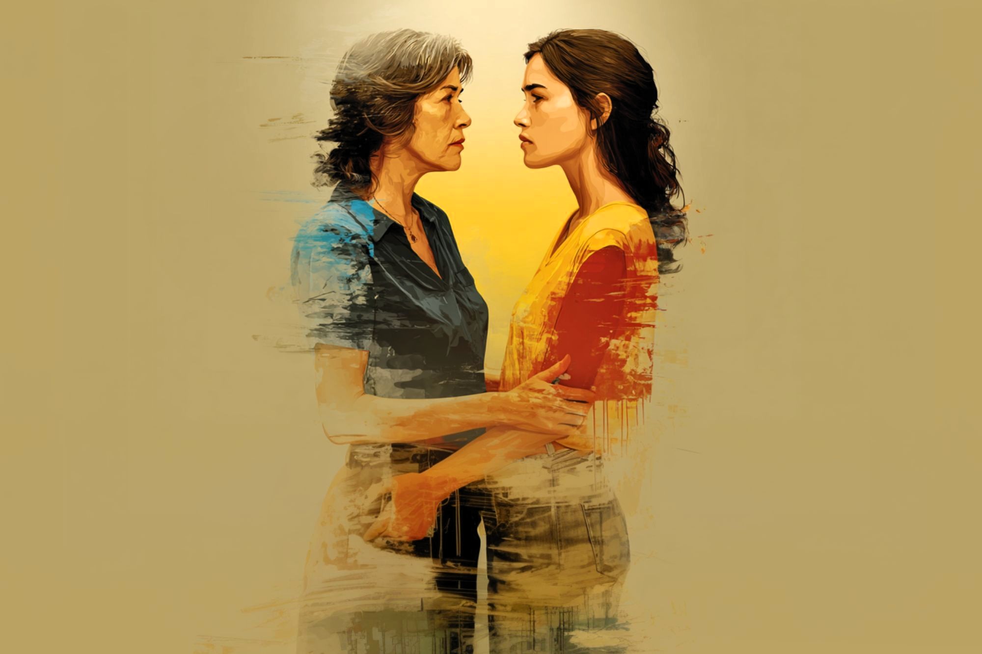 A digital painting of two women facing each other, one older with gray hair and a blue shirt, the other younger with brown hair in a ponytail and a yellow shirt. They stand closely, holding each other's arms against a beige background.