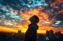 A person in a jacket stands in profile on a rooftop at sunset, with dramatic orange and blue clouds illuminating the sky above a city skyline.
