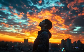 A person in a jacket stands in profile on a rooftop at sunset, with dramatic orange and blue clouds illuminating the sky above a city skyline.