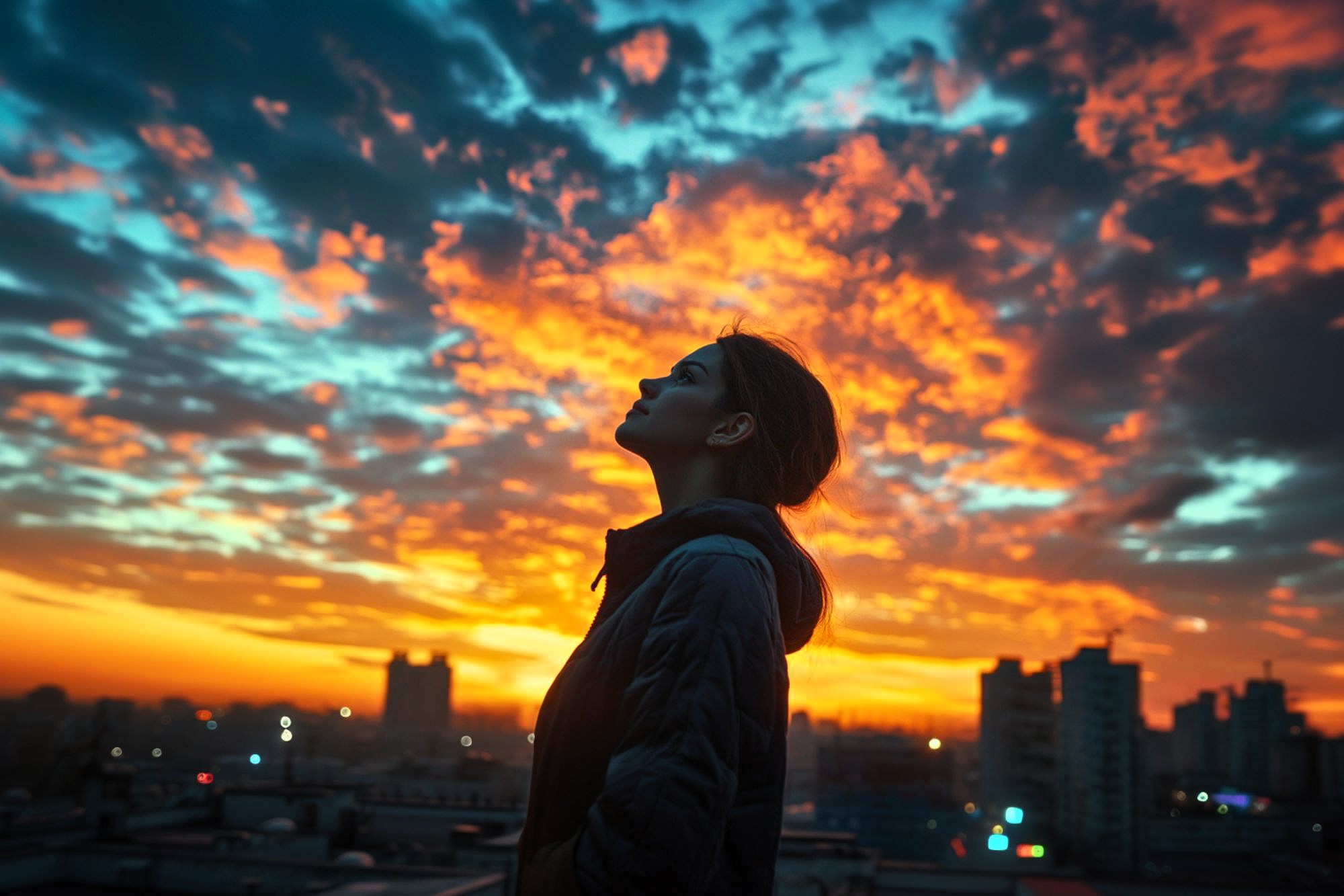 A person in a jacket stands in profile on a rooftop at sunset, with dramatic orange and blue clouds illuminating the sky above a city skyline.