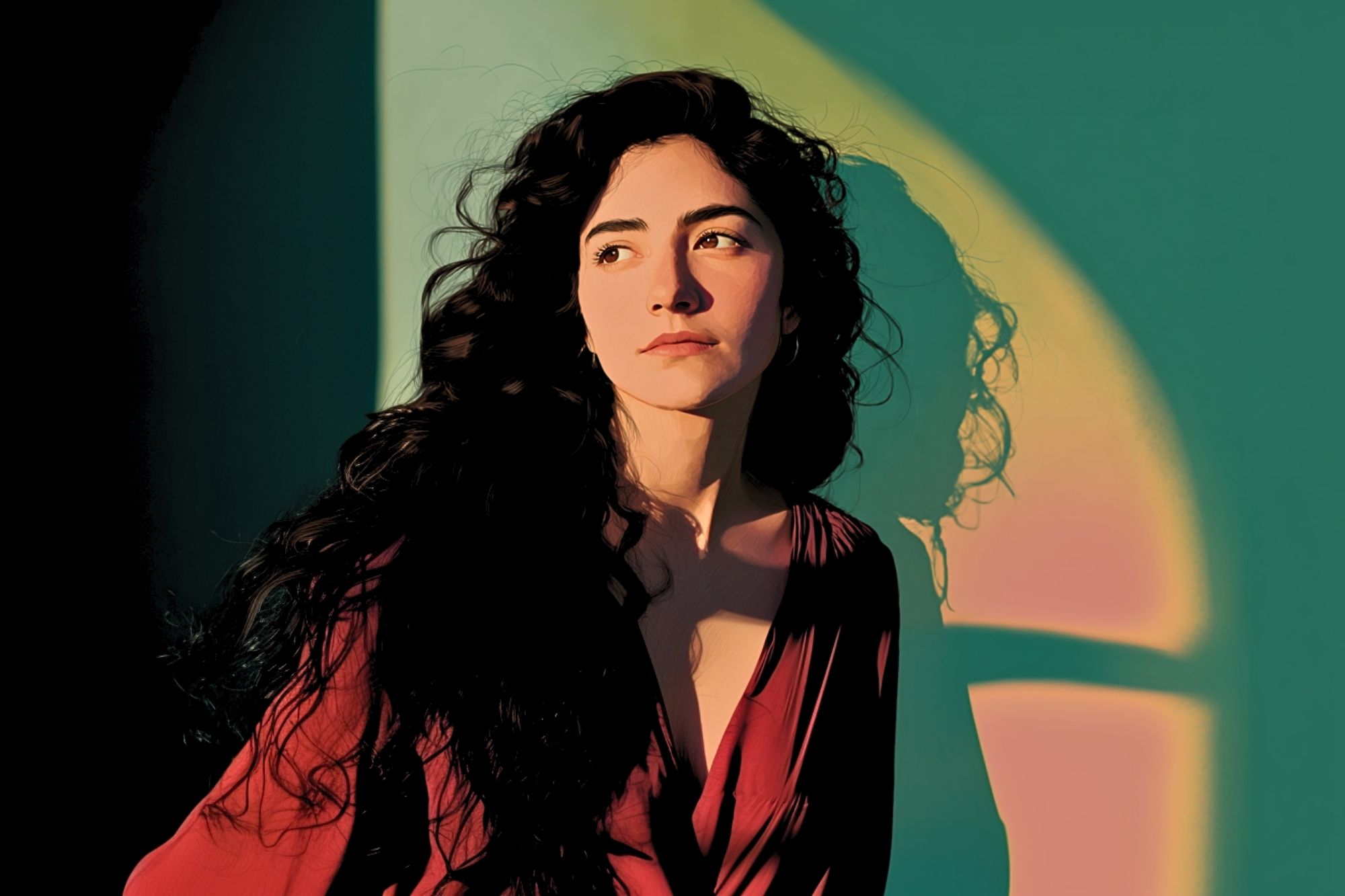 Woman with long curly hair in a deep red top stands in sunlight, casting a shadow on a teal wall with a rainbow arc. She looks thoughtfully to the side, her face illuminated by warm, dramatic light.