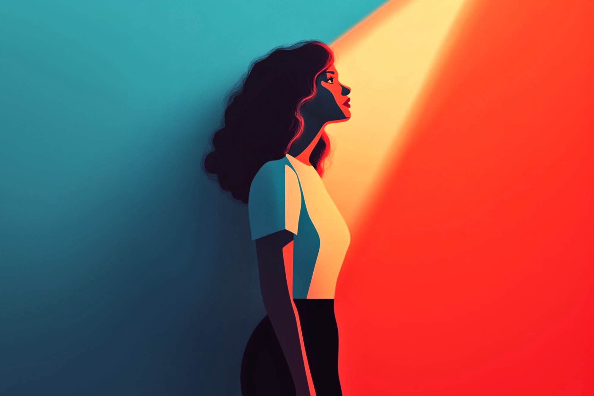 A stylized illustration of a woman with dark, wavy hair standing against a two-toned background. She is bathed in a warm beam of light, looking upward with a thoughtful expression. The colors are vibrant blue and red.