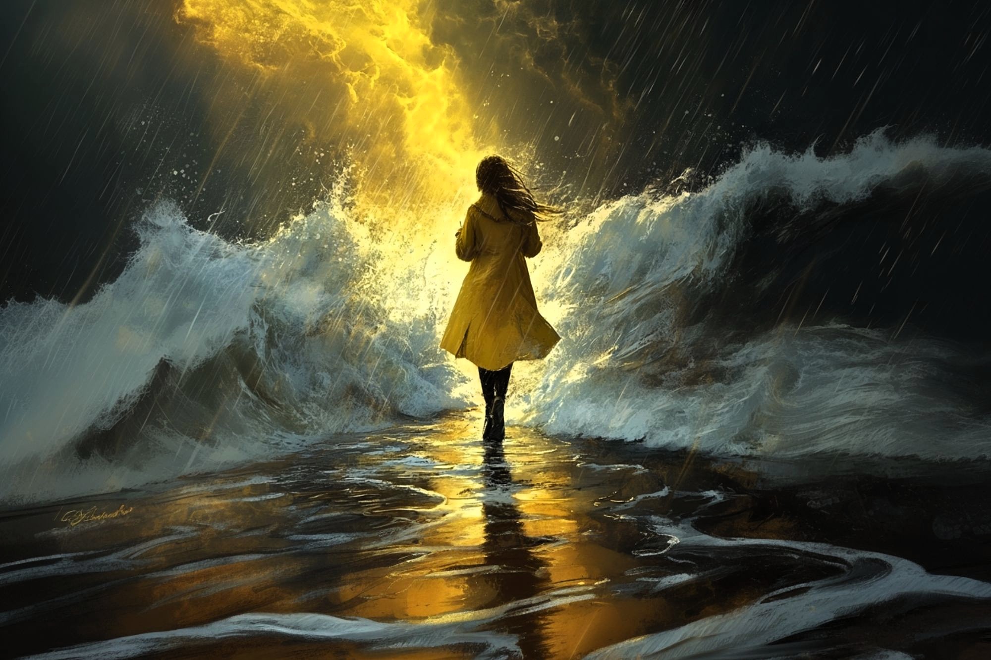 A person in a yellow coat stands on wet ground facing crashing waves and a dramatic burst of golden light in a dark, stormy setting, with rain falling and reflections on the water.