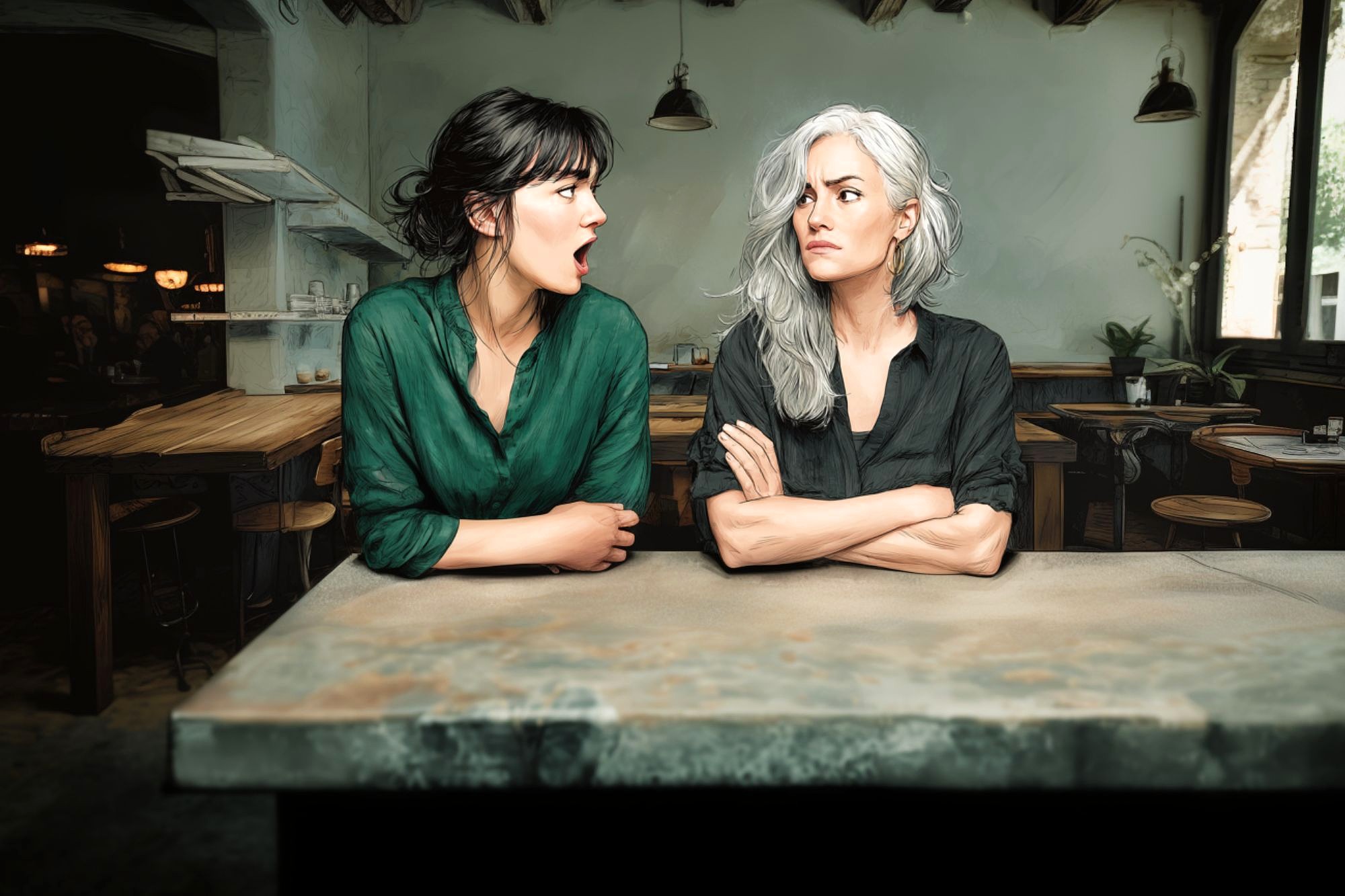 Two women sit at a table in a rustic café. The younger woman, with dark hair in a green blouse, looks surprised with her mouth open. The older woman with gray hair and folded arms looks serious and unimpressed.