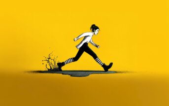 Illustration of a person in striped leggings and boots stepping over a puddle, with a yellow background and water splashing behind them.