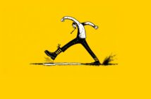Cartoon person with a braid and striped socks enthusiastically leaping over a small puddle, set against a bright yellow background.