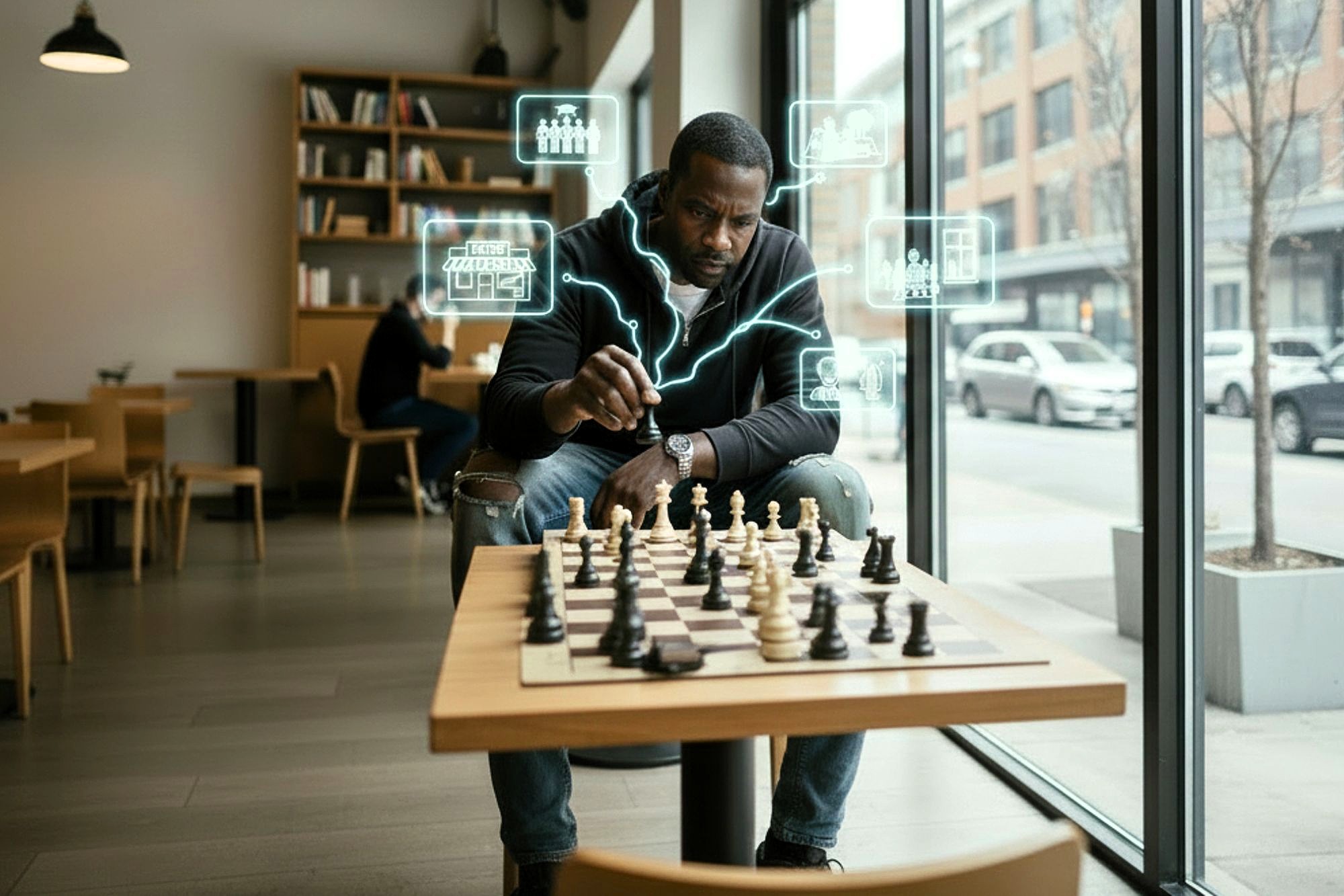A man sits at a café table by a window, focused on a chessboard as digital strategy icons appear above the board, representing analysis and planning during a game of chess.