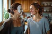 Two young women stand in a cozy kitchen. One wears a white mask and smiles at the other, who is smiling back. Warm sunlight streams in through a window, creating a friendly and cheerful atmosphere.
