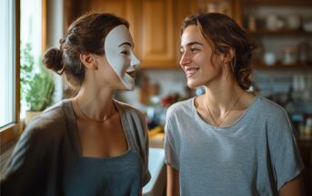 Two young women stand in a cozy kitchen. One wears a white mask and smiles at the other, who is smiling back. Warm sunlight streams in through a window, creating a friendly and cheerful atmosphere.