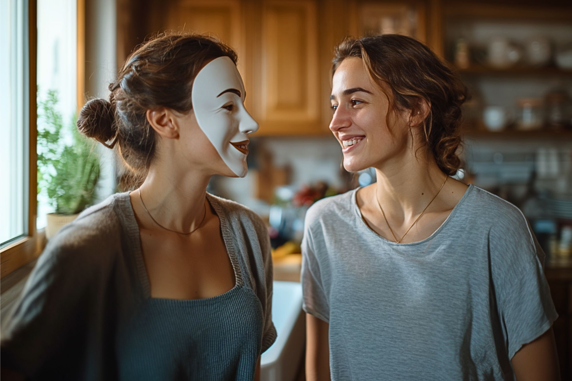 Two young women stand in a cozy kitchen. One wears a white mask and smiles at the other, who is smiling back. Warm sunlight streams in through a window, creating a friendly and cheerful atmosphere.