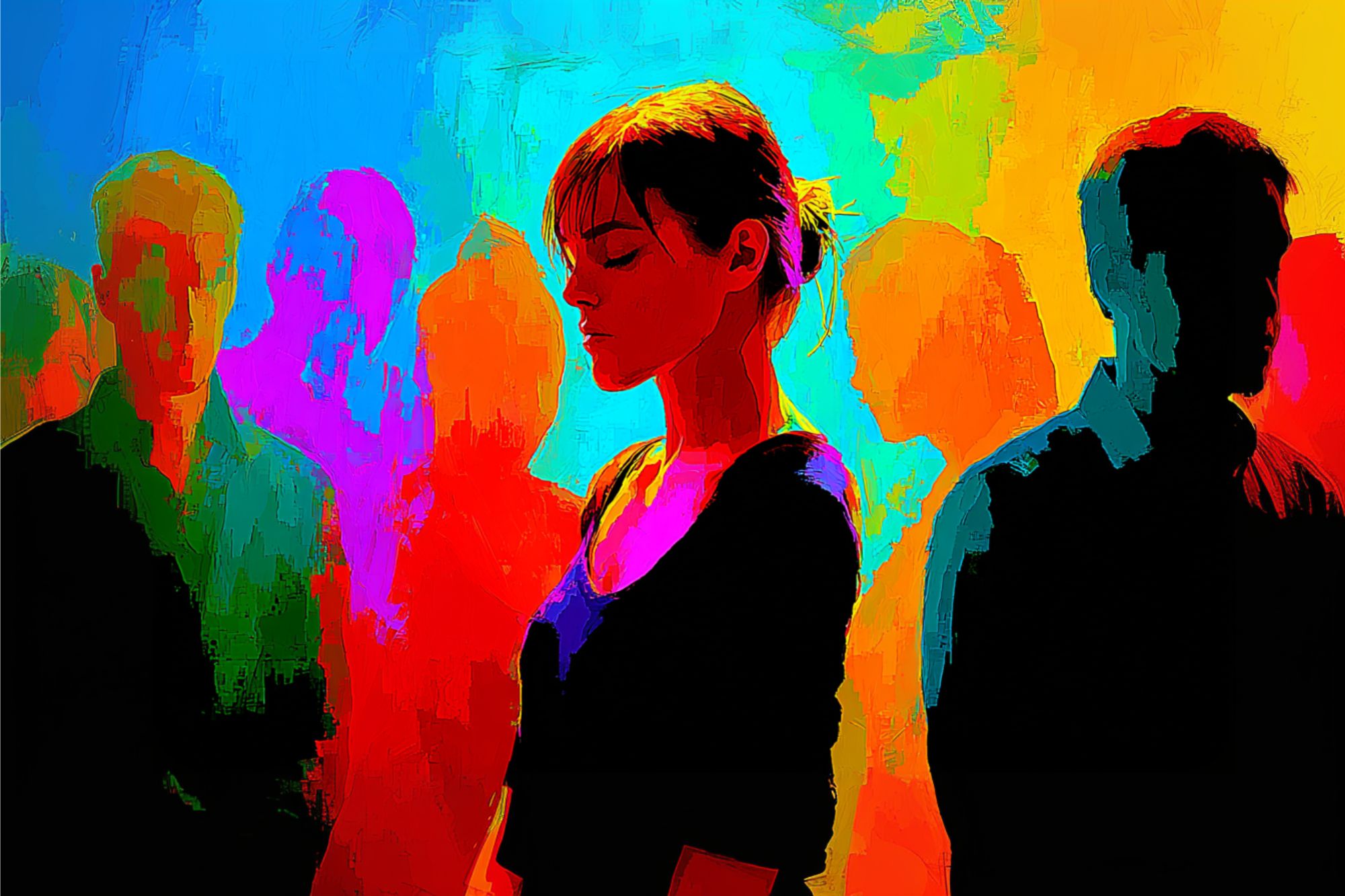 A woman stands with eyes closed amid colorful, abstract silhouettes of people, suggesting themes of isolation or introspection within a crowd.