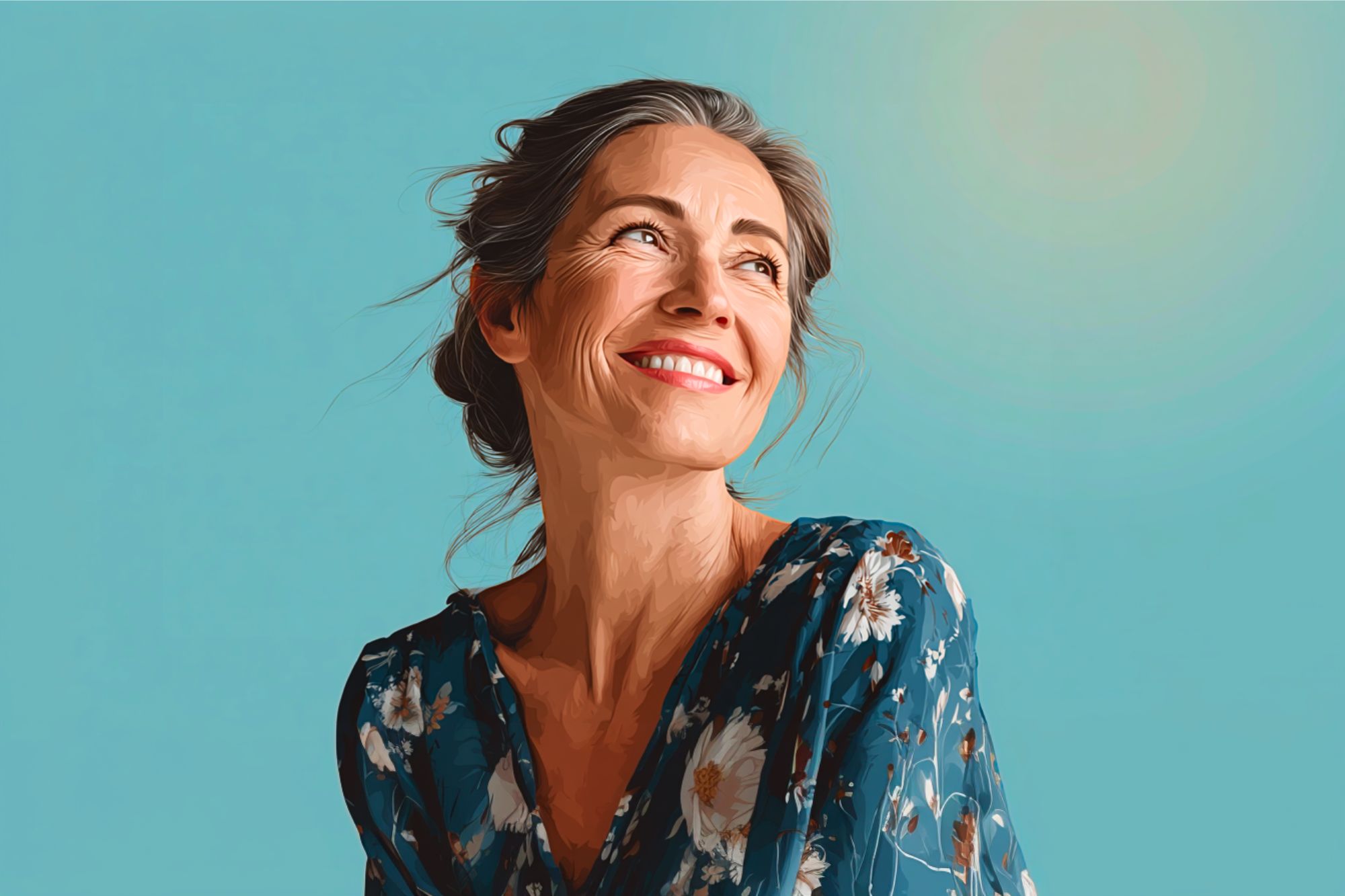 A smiling older woman with gray hair in a loose bun, wearing a blue floral blouse, looks upward joyfully against a light blue background with soft sunlight.