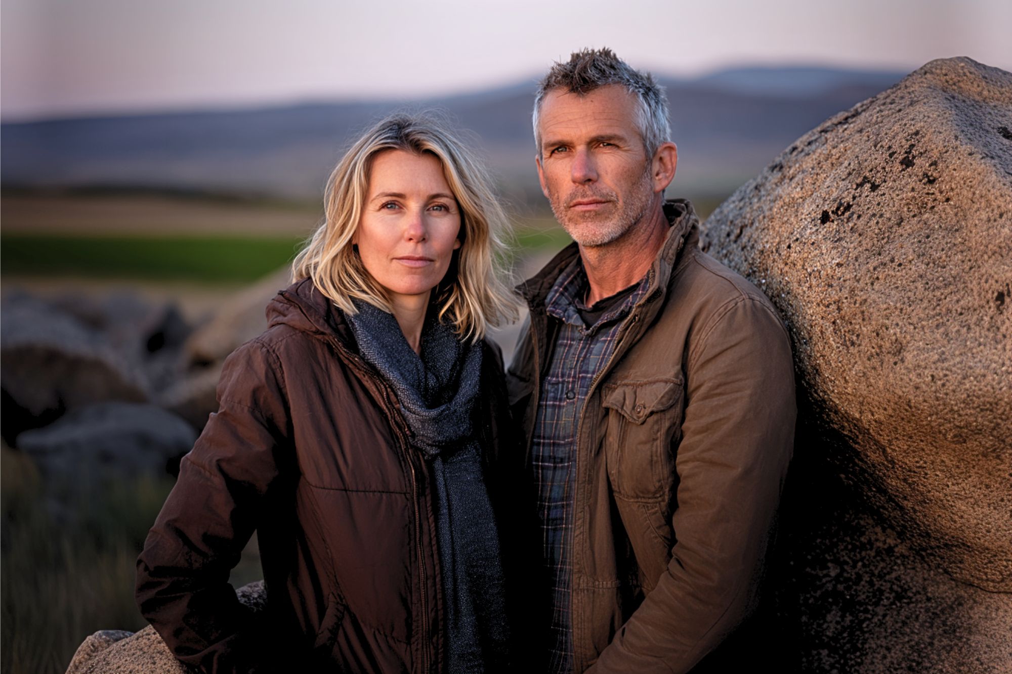 A middle-aged man and woman stand close together outdoors by large rocks, with open fields and hills in the background, both wearing jackets and looking calmly at the camera.