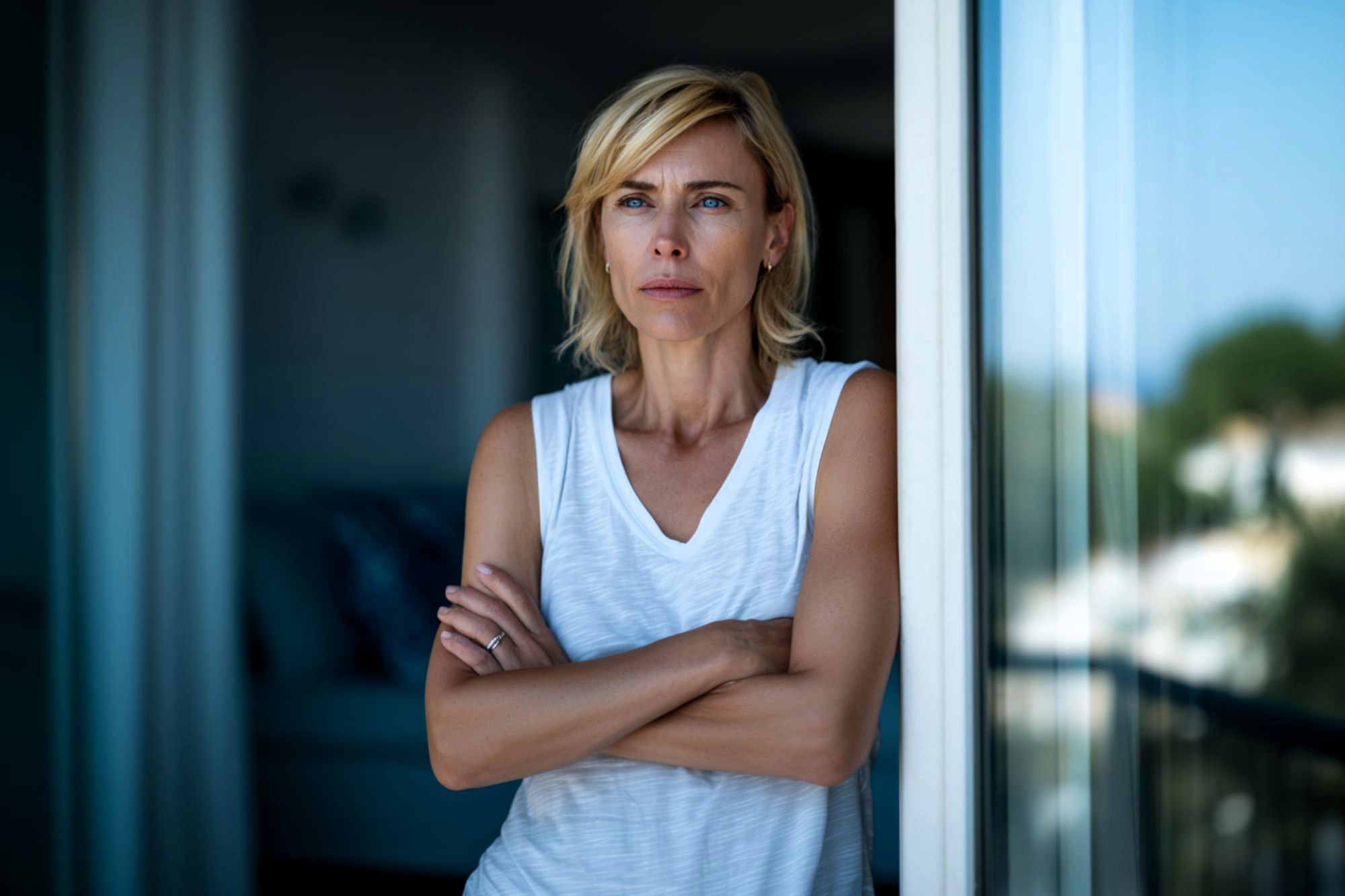A woman with short blonde hair stands indoors near a window with her arms crossed, looking thoughtful and serious. She is wearing a white sleeveless top and natural light is coming in from outside.