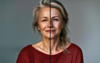 A split-screen photo of an older woman with gray hair in a red sweater. The left side shows youthful, smooth skin, while the right side shows natural wrinkles and signs of aging.