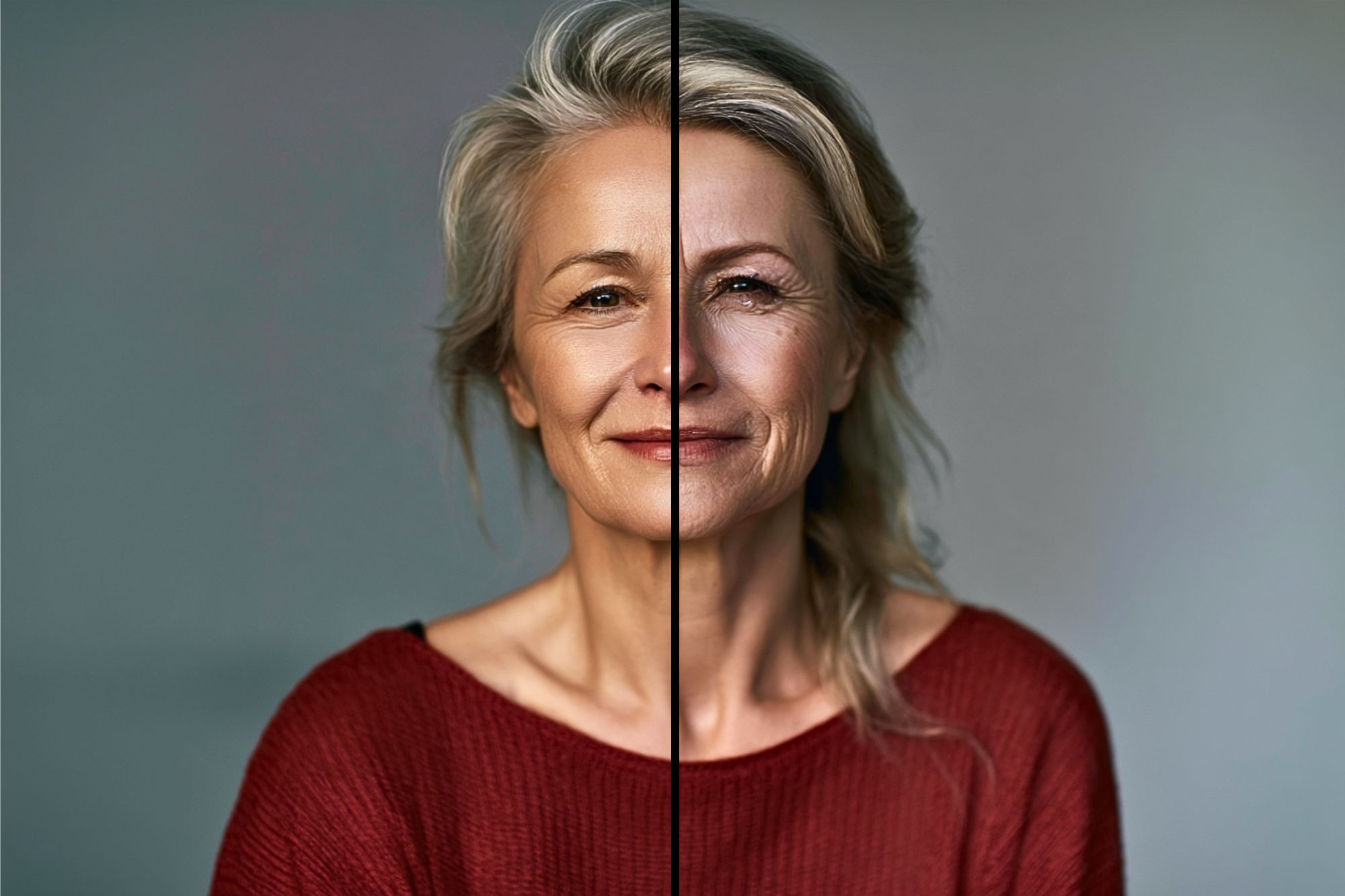 A split-screen photo of an older woman with gray hair in a red sweater. The left side shows youthful, smooth skin, while the right side shows natural wrinkles and signs of aging.