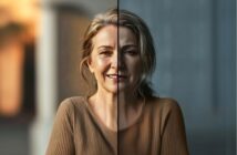 A split image of a woman with blonde hair in a brown shirt; the left side is brightly lit and smiling, while the right side is darker, showing a sad expression.