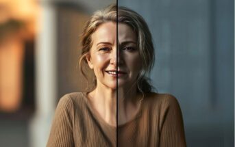 A split image of a woman with blonde hair in a brown shirt; the left side is brightly lit and smiling, while the right side is darker, showing a sad expression.
