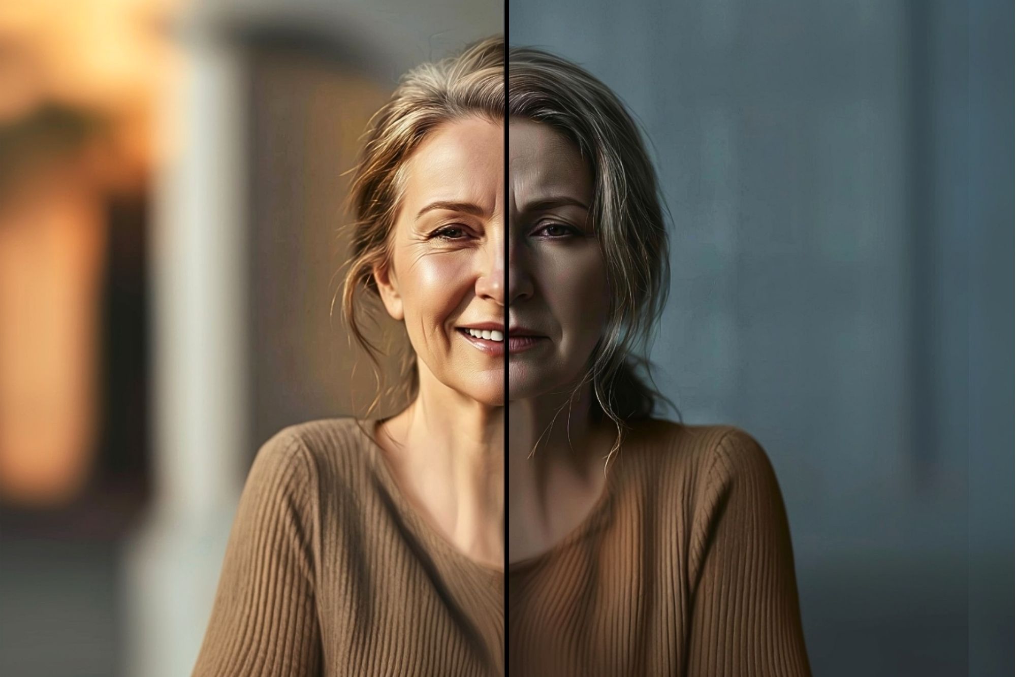 A split image of a woman with blonde hair in a brown shirt; the left side is brightly lit and smiling, while the right side is darker, showing a sad expression.