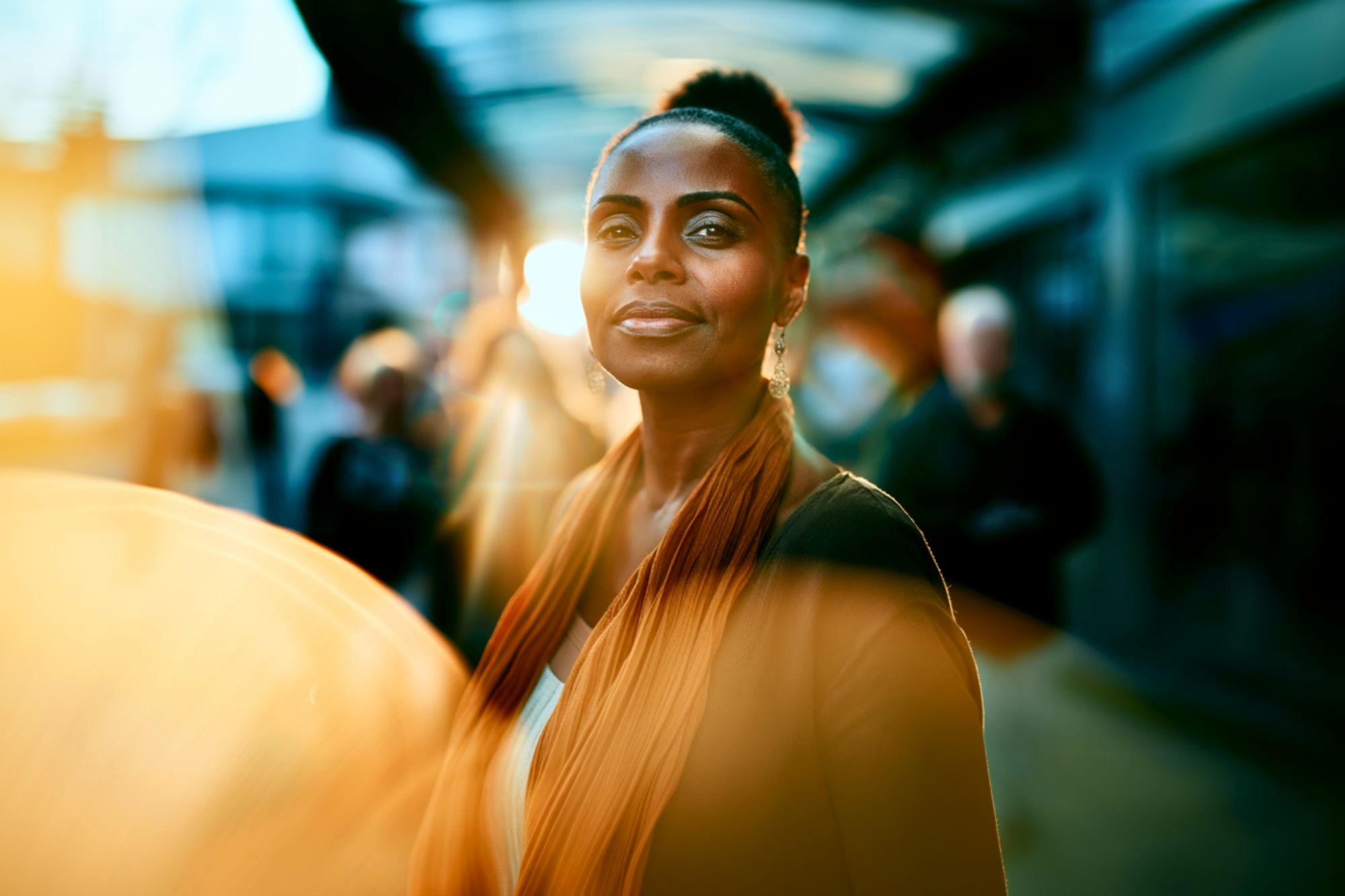 A woman stands outdoors in soft, golden sunlight, looking confidently at the camera. The background is blurred, with indistinct people and buildings, creating a warm, radiant atmosphere.