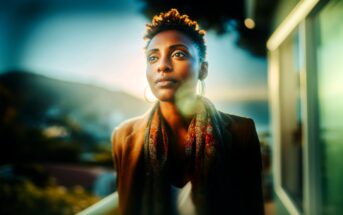 A woman with short curly hair and hoop earrings stands outside, gazing thoughtfully into the distance. She wears a scarf and a jacket, with soft sunlight illuminating her face and a blurred natural background.