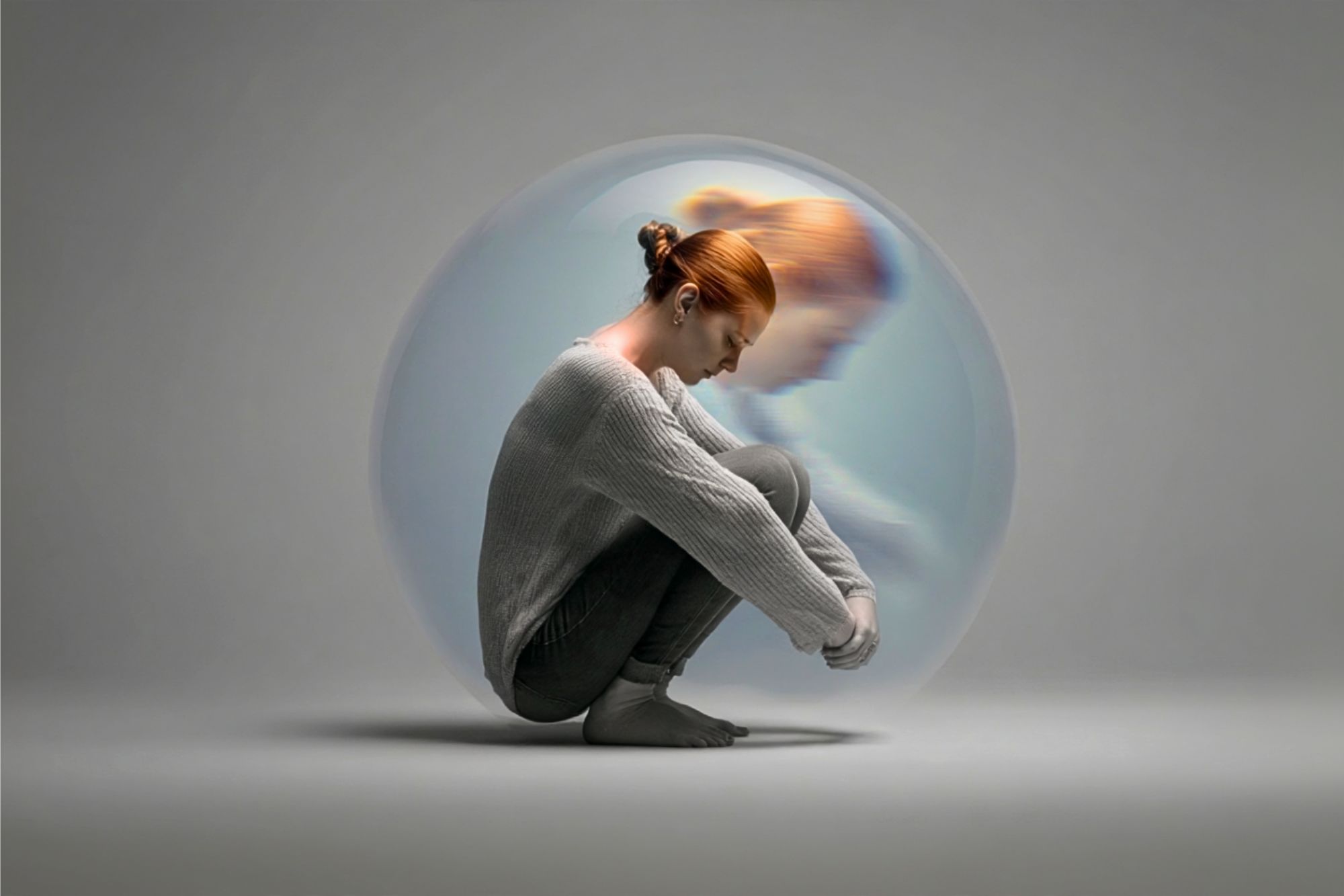 A woman with red hair sits curled up inside a transparent bubble, looking down. A blurred, ghostly duplicate of her appears behind, symbolizing isolation and emotional struggle. The background is plain gray.