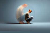 A young woman sits curled up on the floor with her head down, surrounded by a translucent sphere. A blurred, ghostly version of herself appears behind her, suggesting anxiety or emotional distress.