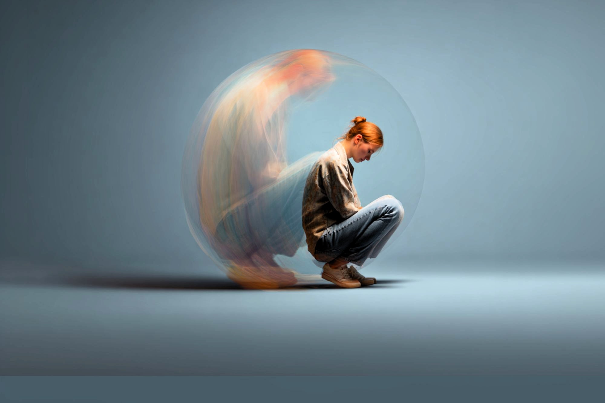 A young woman sits curled up on the floor with her head down, surrounded by a translucent sphere. A blurred, ghostly version of herself appears behind her, suggesting anxiety or emotional distress.