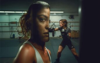 A woman in boxing gear punches a heavy bag with a realistic face painted on it in a dimly lit gym, creating an intense and focused training atmosphere.