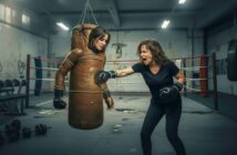 A woman in boxing gloves punches a heavy bag shaped like a human with a realistic face, in a dimly lit boxing gym. The bag appears to have a serious expression, and the woman looks intensely focused.