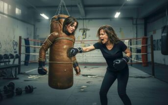 A woman in boxing gloves punches a heavy bag shaped like a human with a realistic face, in a dimly lit boxing gym. The bag appears to have a serious expression, and the woman looks intensely focused.