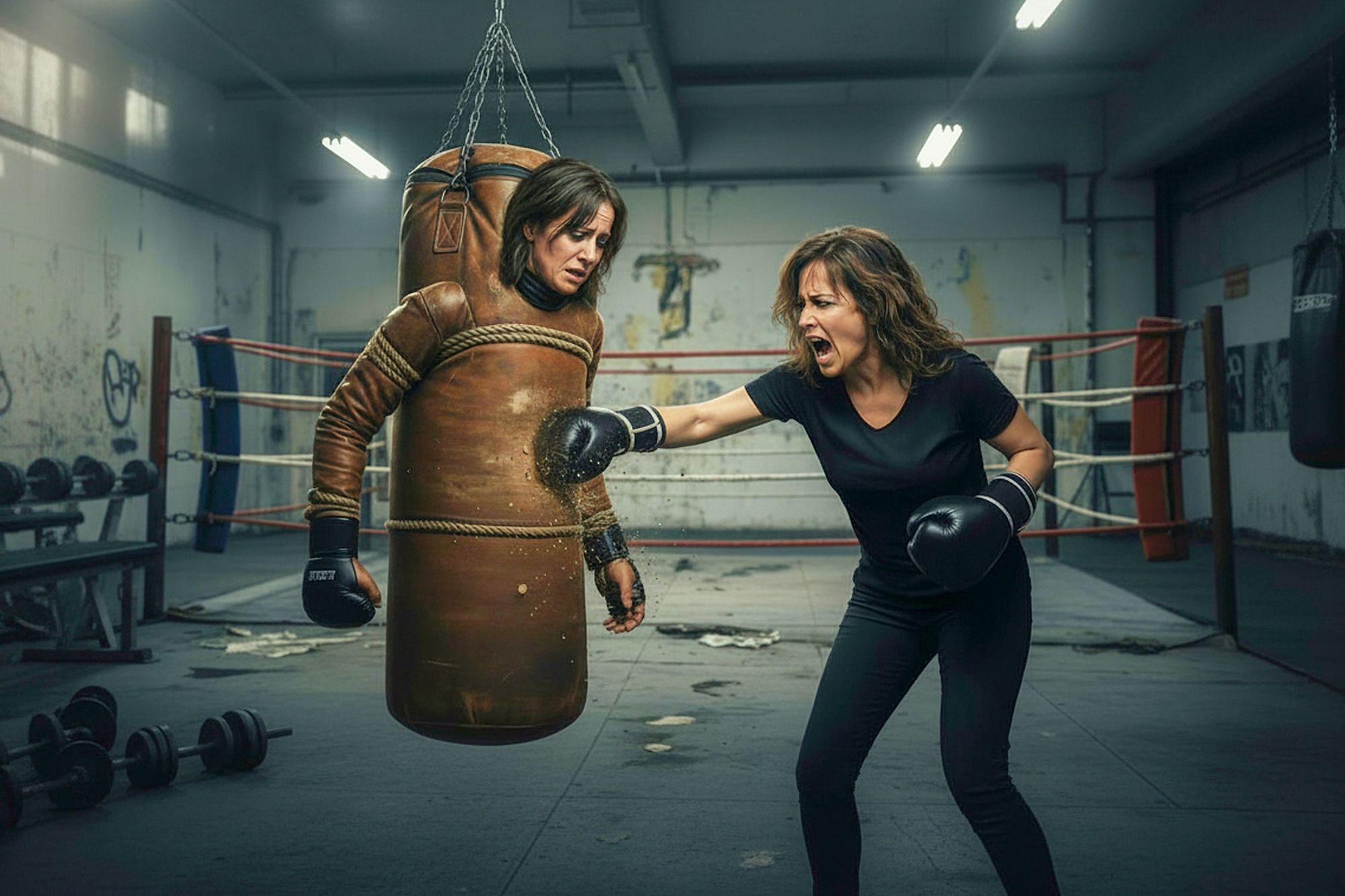A woman in boxing gloves punches a heavy bag shaped like a human with a realistic face, in a dimly lit boxing gym. The bag appears to have a serious expression, and the woman looks intensely focused.