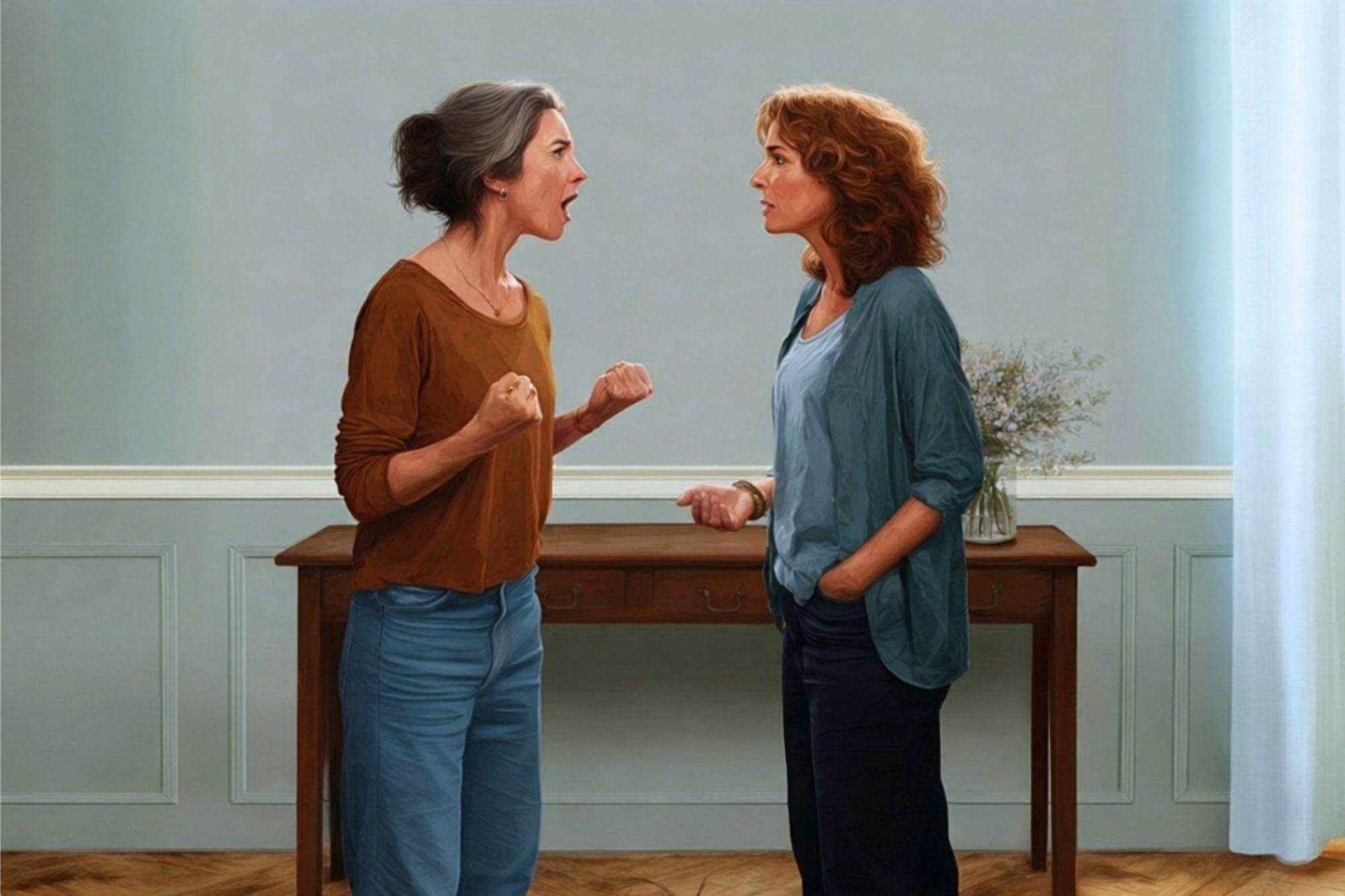Two women stand facing each other indoors. One woman is yelling with clenched fists, while the other looks calm with hands in her pockets. A wooden table and a vase of flowers are in the background.